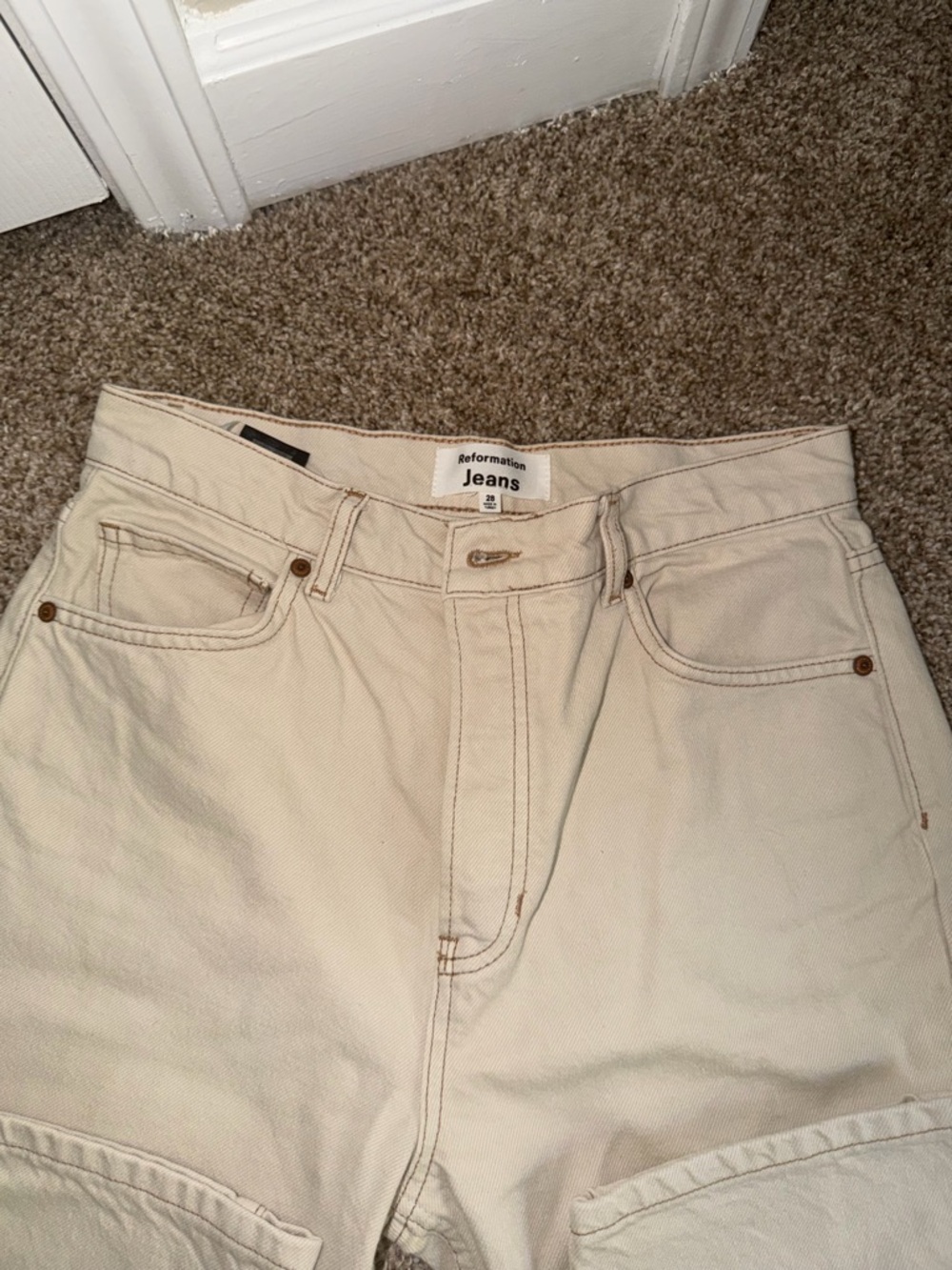 Reformation Jeans in beige with tan stitch